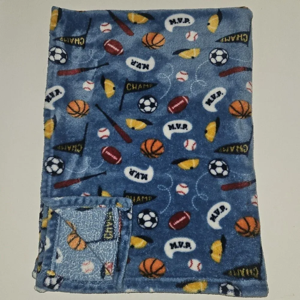 MVP Champ Sports Balls Blue Fleece Baby Blanket Lovey RN 36753 Basketball Soccer